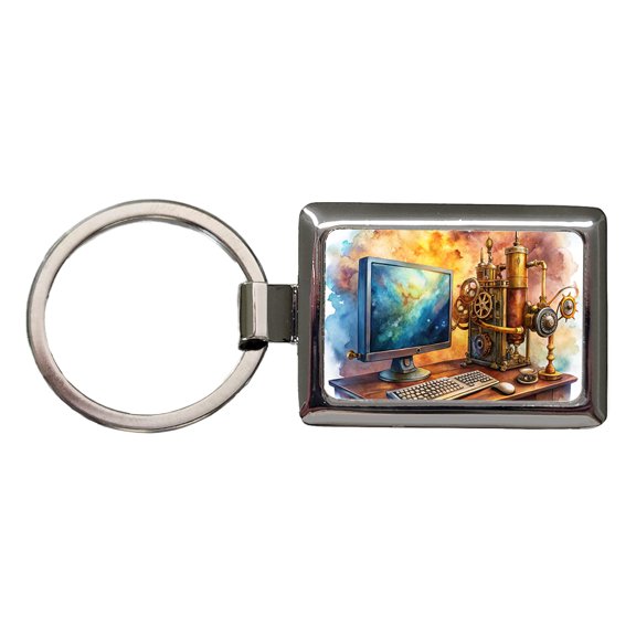 Steampunk Desktop PC Computer Fantasy Sci-fi Watercolor Metal Rectangle Keychain