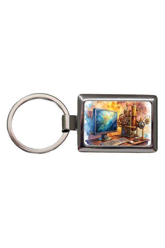 Steampunk Desktop PC Computer Fantasy Sci-fi Watercolor Metal Rectangle Keychain