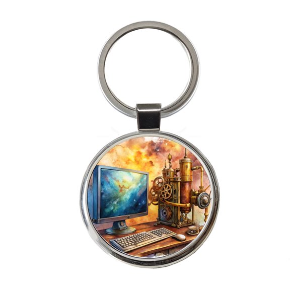 Steampunk Desktop PC Computer Fantasy Sci-fi Watercolor Metal Round Keychain