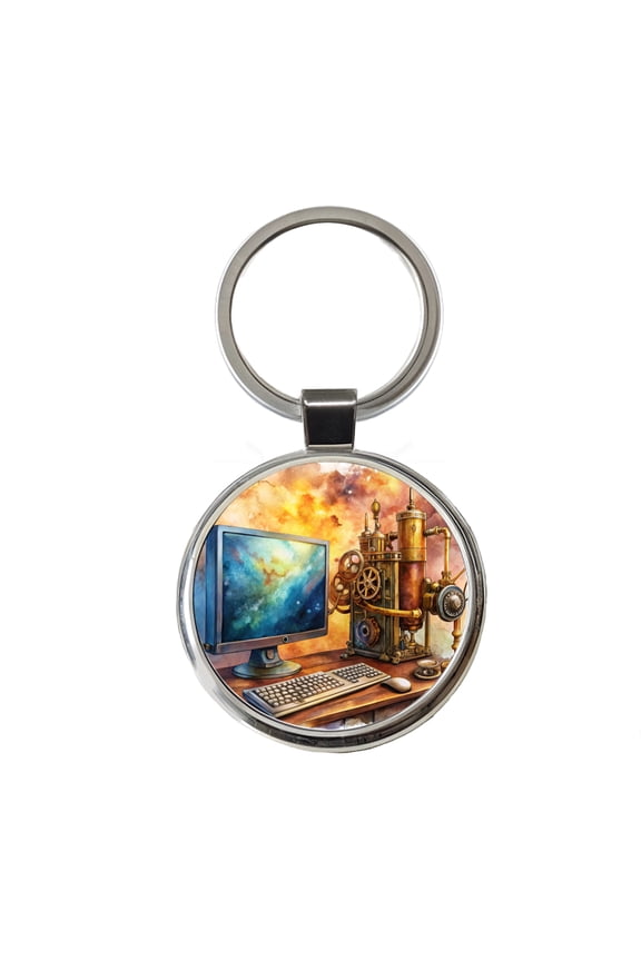 Steampunk Desktop PC Computer Fantasy Sci-fi Watercolor Metal Round Keychain