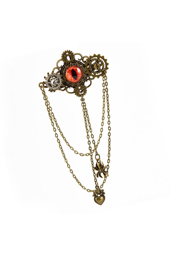 Steampunk Devil Eye Hairpin with Brass Gears & Adjustable Chain, Gothic Brooch Clip for Alternative Fashion