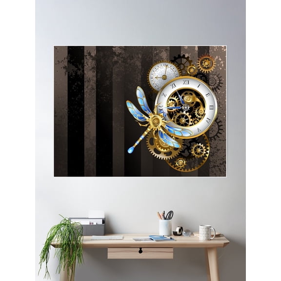 Steampunk Dials With Dragonfly Poster Wall Art, Modern Wall Decor For Living Room Bedroom, 12x18 UNFRAMED