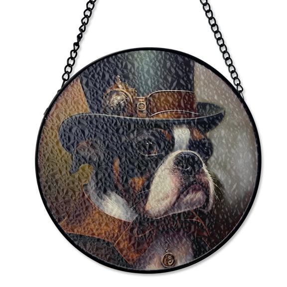 Steampunk Dog Portrait Art Variation Stained Glass Style Suncatcher, UV Printed Glass Dog Art Gift, Round