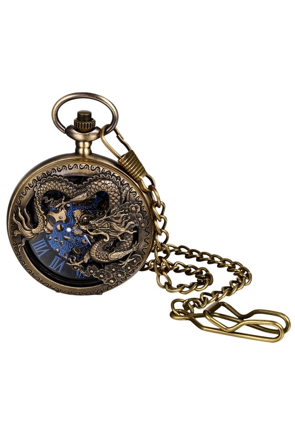 Steampunk Dragon Carved Automatic Mechanical Pocket Watch Pendant Chain for Gift
