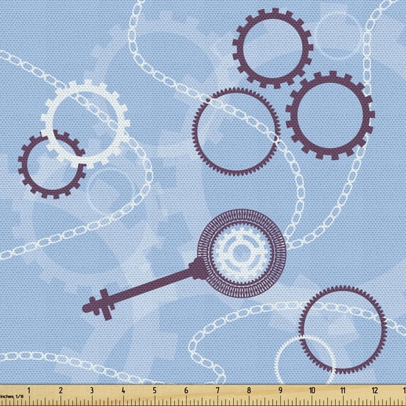 Ambesonne Steampunk Fabric by the Yard Upholstery, Keys Gears and Chains, 2 Yards, Pale Blue White Eggplant