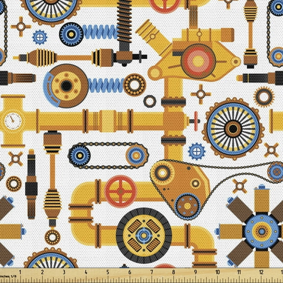 Ambesonne Steampunk Fabric by the Yard Upholstery, Industrial Elements, 1 Yard, Multicolor