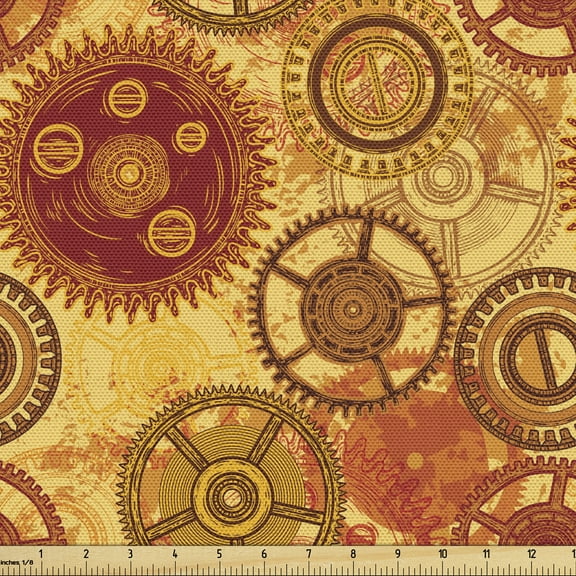 Ambesonne Steampunk Fabric by the Yard Upholstery, Vintage Clockwork, 5 Yards, Multicolor