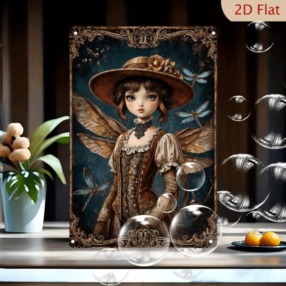 Steampunk Fairy Girl with Butterfly and Dragonfly Wings, Vintage Floral Border Art Print on Metal Wall Decor, 8x12 Inches, Victorian Fantasy Style Teal Background