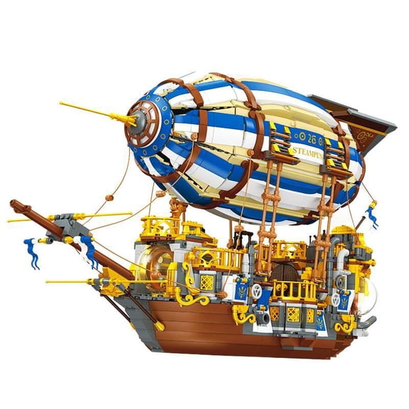 Steampunk Fantasy Airship Building Blocks, Vintage Zeppelin Flying Ship Model for Adult Collection