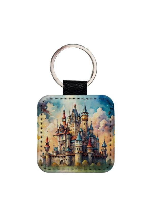 Steampunk Fantasy Castle Watercolor Faux Leather Square Keychain