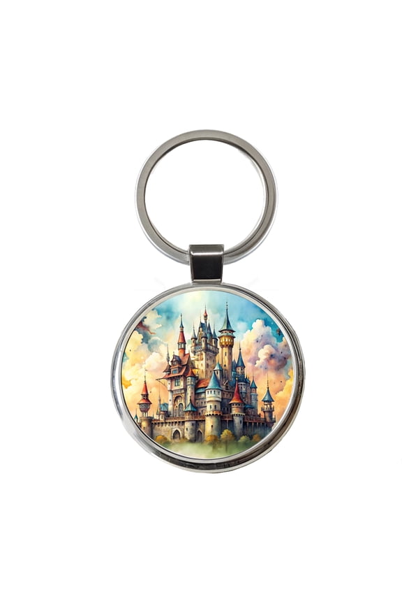 Steampunk Fantasy Castle Watercolor Metal Round Keychain