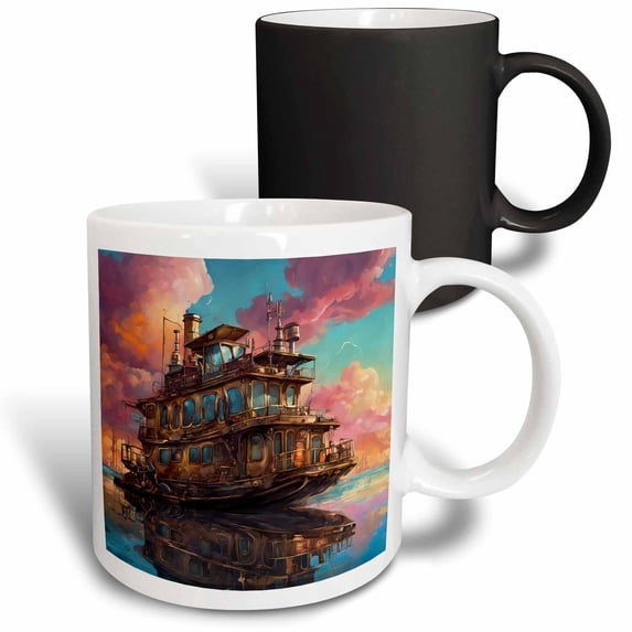 3drose, Steampunk Fantasy Houseboat, 11oz Magic Transforming Mug