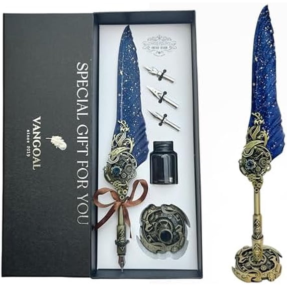 Steampunk Feather Pen and Ink Set with Gift Box, Vintage Quill Pen for Writing, Calligraphy Pen Set for Office Supplies, Birthday, Wedding, Christmas Gift (Blue)