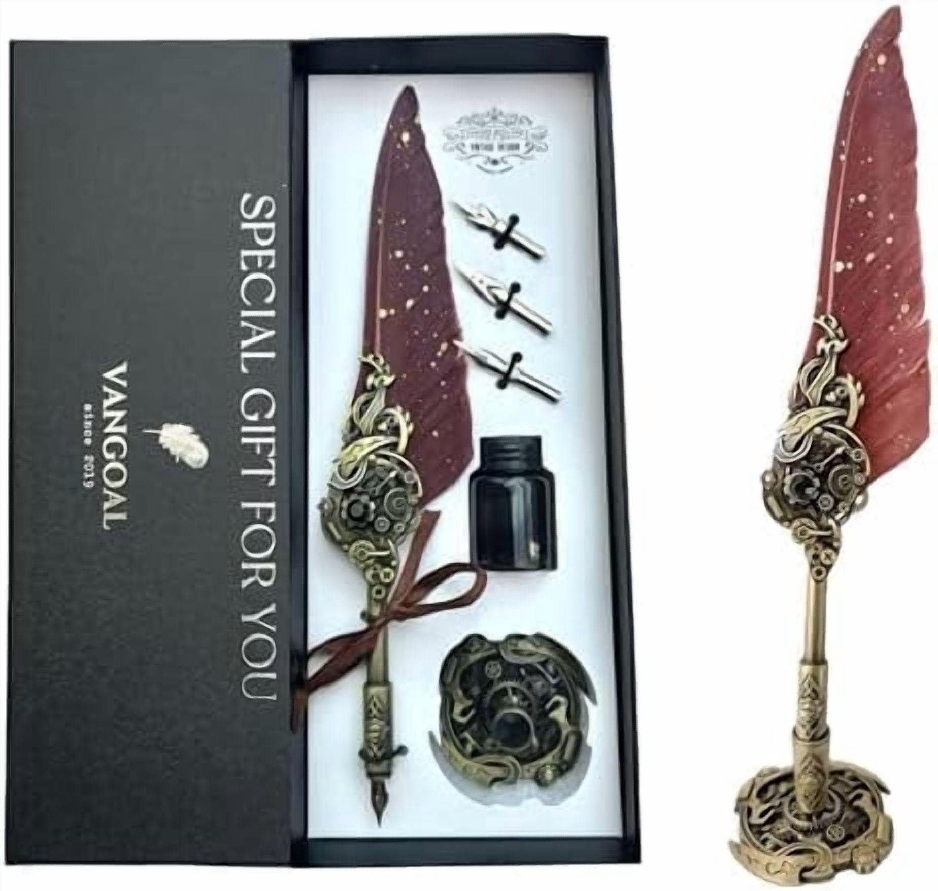 Steampunk Feather Pen and Ink Set with Gift Box, Vintage Quill Pen for Writing, Calligraphy Pen Set for Office Supplies, Birthday, Wedding, Christmas Gift (Coffee)