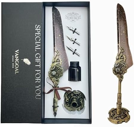 Steampunk Feather Pen and Ink Set with Gift Box, Vintage Quill Pen for Writing, Calligraphy Pen Set for Office Supplies, Birthday, Wedding, Christmas Gift (Grey)