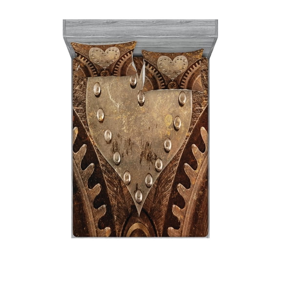 Steampunk Fitted Sheet & Pillow Sham Set, Grungy Background with Close up Image of Heart Form and Rivets Robotics Theme Print, Decorative Printed 6 Piece Bedding Decor Set, Full, Brown, by Ambesonne