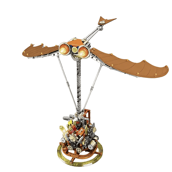 Steampunk Flying Machine Building Blocks Set, Mechanical Ornithopter Decor Model with LED Lights, Creative Birthday Gift, Home Office Table Centerpiece