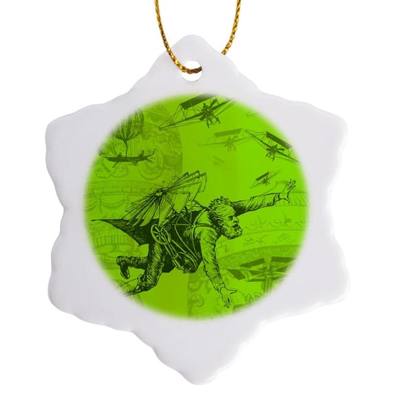 3drose, Steampunk Flying Machines Hot Air Balloons in Acid Green, 3 inch Snowflake Porcelain Ornament