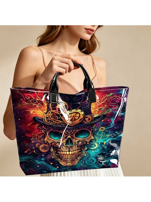 Steampunk Galaxy Skeleton Head Print PVC Polyester Tote Bag, EasyClean Reusable Shoulder Bag, Spacious for Outdoor Activity, Campus, Decor Prop