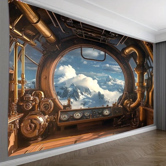 Steampunk Gear & Mountain Landscape Polyester Backdrop Banner, Vintage Aesthetic Large Fabric Background for Live Streaming, Birthday and Anniversary Indoor Outdoor Party Layout 82.6x59 Inch