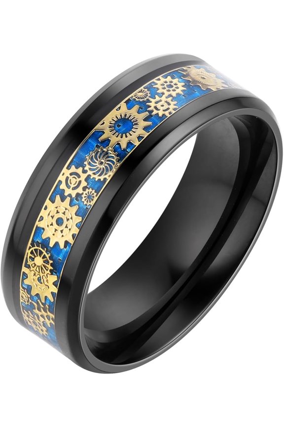 -Steampunk Gear Wheel Ring Titanium Stainless Steel Black Blue Gold Ring for Men Wedding Band-blue-7