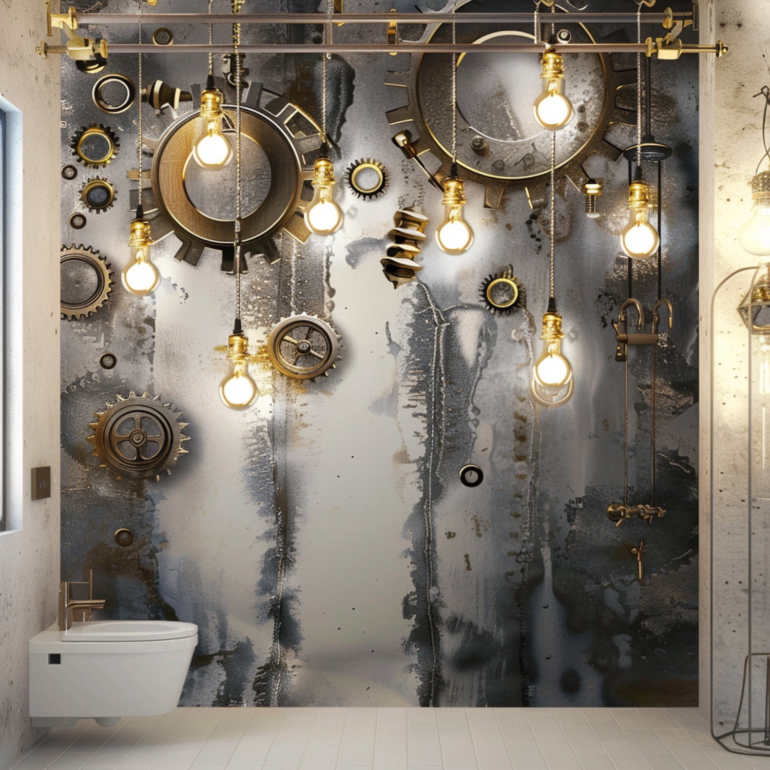 Steampunk Gear and Light Bulb Shower Curtain Industrial Bathroom Decor