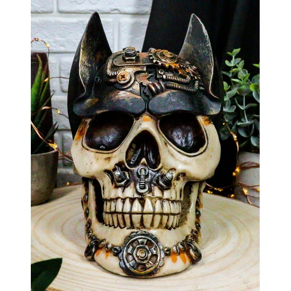 Steampunk Geared Pipes Nuts Bolts And Clockwork Gears Bat Helmet Skull Figurine