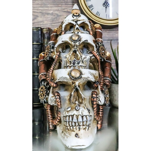Steampunk Geared Trio Skulls Smoke Waterfall Backflow Incense Cone Tower Burner