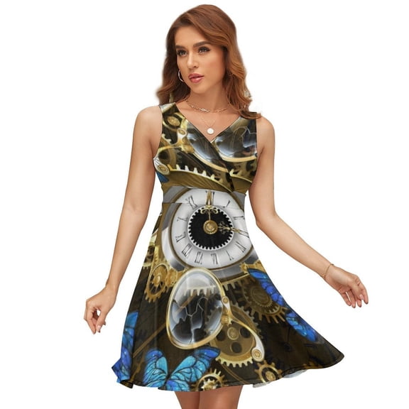 Steampunk Gears And Blue Butterflies Dress Summer Street Style Dresses Female Sleeveless Printed Sundress