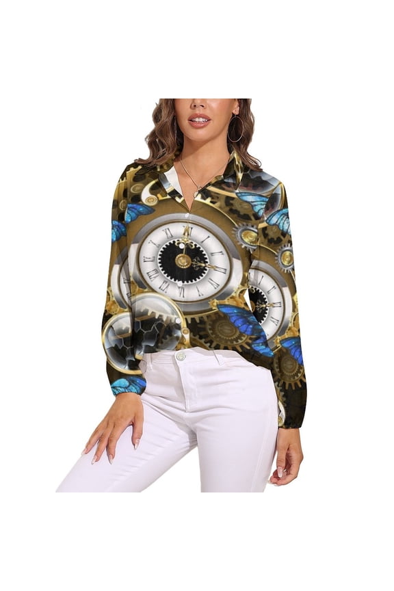 Steampunk Gears And Blue Butterflies Long Sleeve Blouse Woman Streetwear Casual Shirts Summer Oversize Woman Streetwear Clothing Birthday Present
