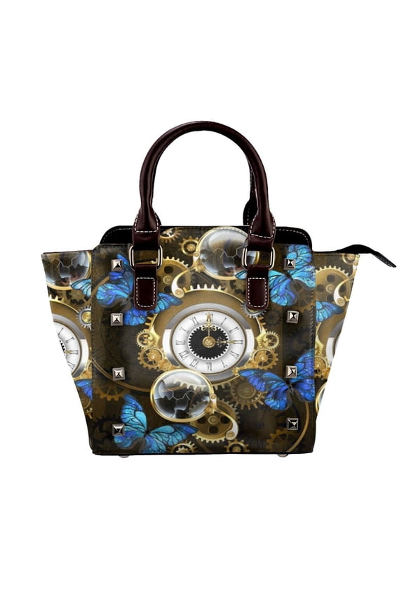 Steampunk Gears And Blue Butterflies Rivet Fashion One-Shoulder Women's Handbag Tote Bag