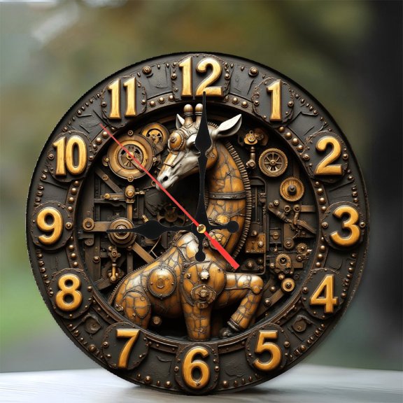 Steampunk Giraffe Wall Clock Art Decor Collectible 10-Inch Silent Wooden Wall Clock, Battery Operated (AA Batteries Not Included), Artistic Home Decor