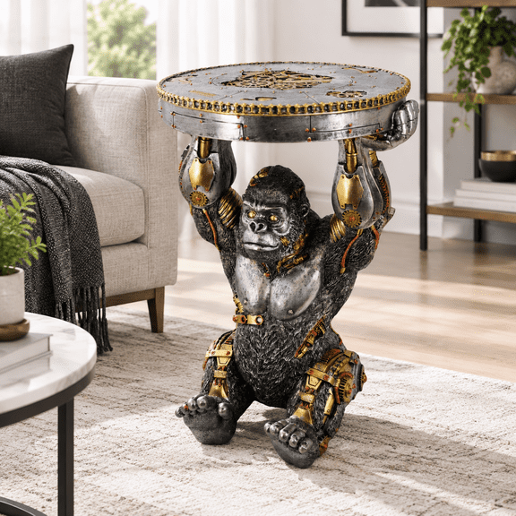 Steampunk Gorilla End Table, 21 Inch Height Industrial Artistic Accent Piece