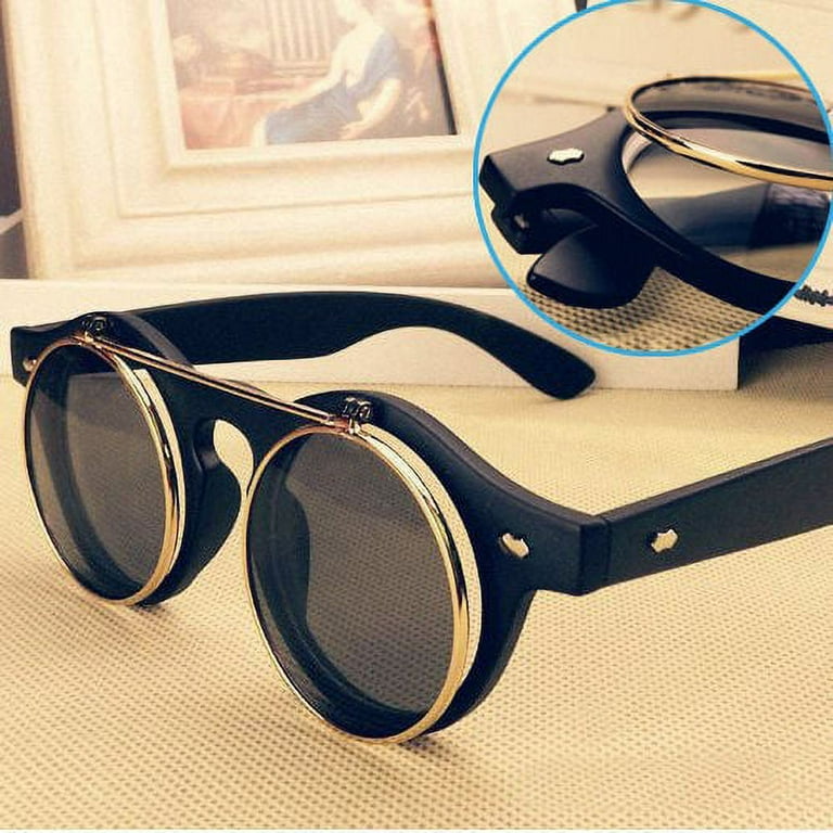 Steampunk Goth Goggles Glasses Retro Flip Up Round Sunglasses Vintage Black  
