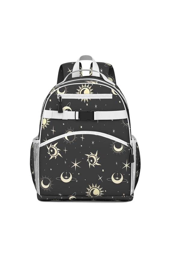 Steampunk Goth Students Backpack with Ethereal Lunar Eclipse and Celestial Star Print, Dark Mystical Astral Design, Adjustable Straps and Padded Shoulders