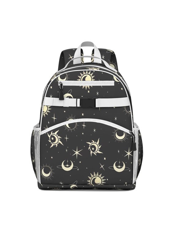 Students Backpack with Ethereal Lunar Eclipse and Celestial Star Print, Dark Mystical Astral Design, Adjustable Straps and Padded Shoulders