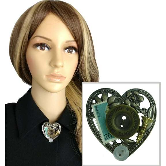 Steampunk Heart Antiqued Gold Tone Floral Button Stamp Screw Pin Brooch 1 3/4" Ladies Adult Female Women
