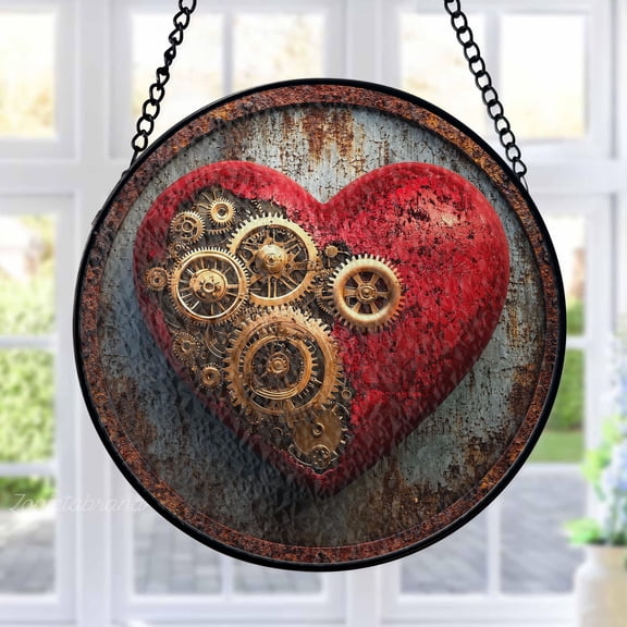 Steampunk Heart Stained Glass Suncatcher Metal Outdoor Decor Rustic Industrial Distressed Red Gold