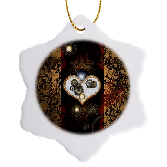 3drose, Steampunk Heart with Clocks and Gears, 3 inch Snowflake Porcelain Ornament