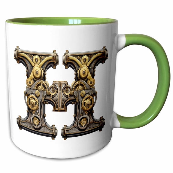 3drose, Steampunk Image of Metal Monogram Initial H, 11oz Two-tone Green Mug