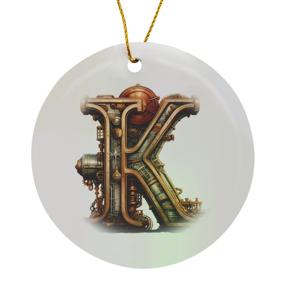 3drose, Steampunk Image of Metal Monogram Initial K, Circle Porcelain Ornament