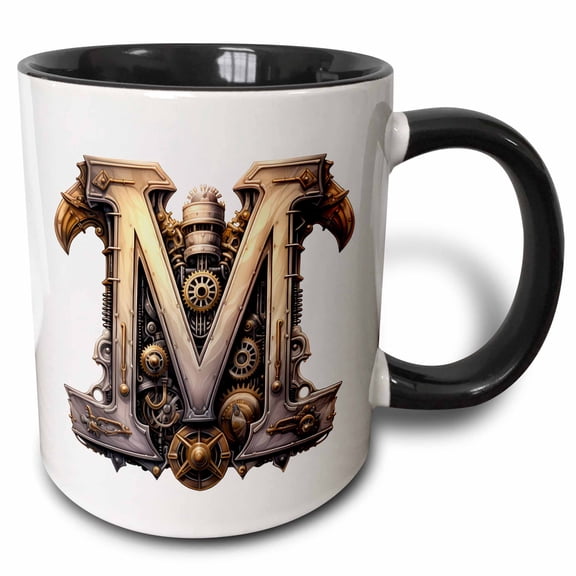 3drose, Steampunk Image of Metal Monogram Initial M, 15oz Two-tone Black Mug