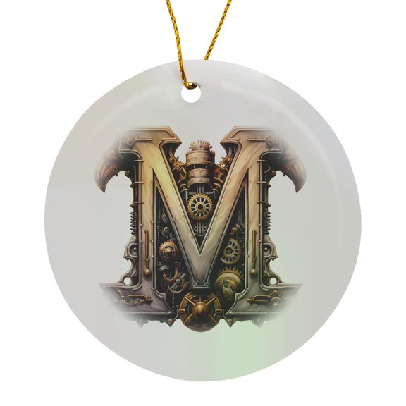 3drose, Steampunk Image of Metal Monogram Initial M, Circle Porcelain Ornament