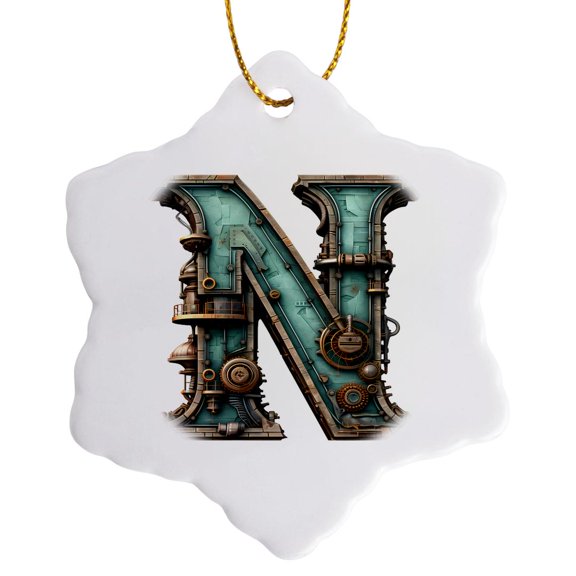 3drose, Steampunk Image of Metal Monogram Initial N, 3 inch Snowflake Porcelain Ornament