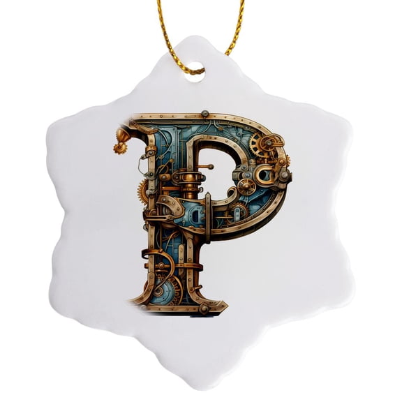 3drose, Steampunk Image of Metal Monogram Initial P, 3 inch Snowflake Porcelain Ornament