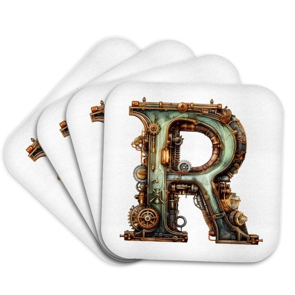 3drose, Steampunk Image of Metal Monogram Initial R, Set of 4 Coasters - Soft