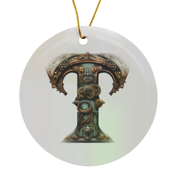 3drose, Steampunk Image of Metal Monogram Initial T, Circle Porcelain Ornament