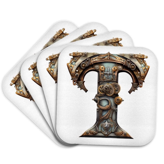 3drose, Steampunk Image of Metal Monogram Initial T, Set of 4 Coasters - Soft