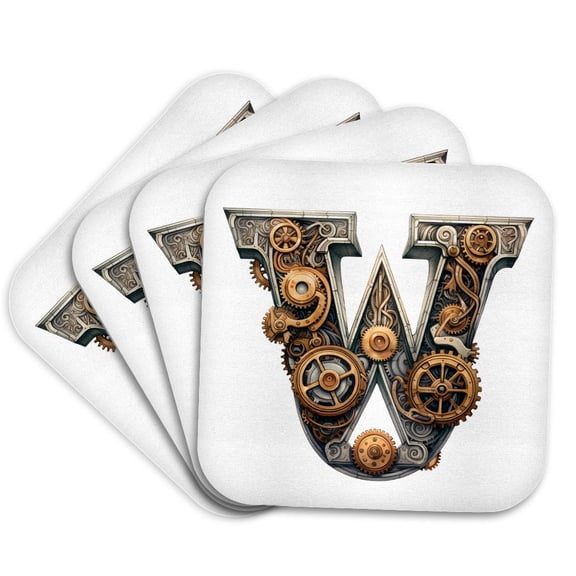 3drose, Steampunk Image of Metal Monogram Initial W, Set of 4 Coasters - Soft