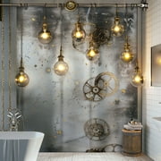 Steampunk Industrial Bathroom Decor with Gears and Light Bulbs Vintage Wallpaper Metallic Accents Shower Curtain Included